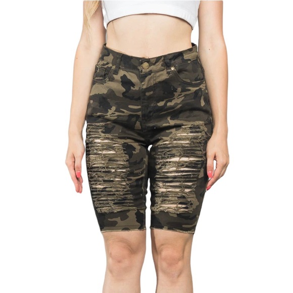 AMERICAN BAZI OLIVE GREEN BROWN CAMPO PRINT DOUBLE SIDED DISTRESSED SHORTS - Picture 2 of 13